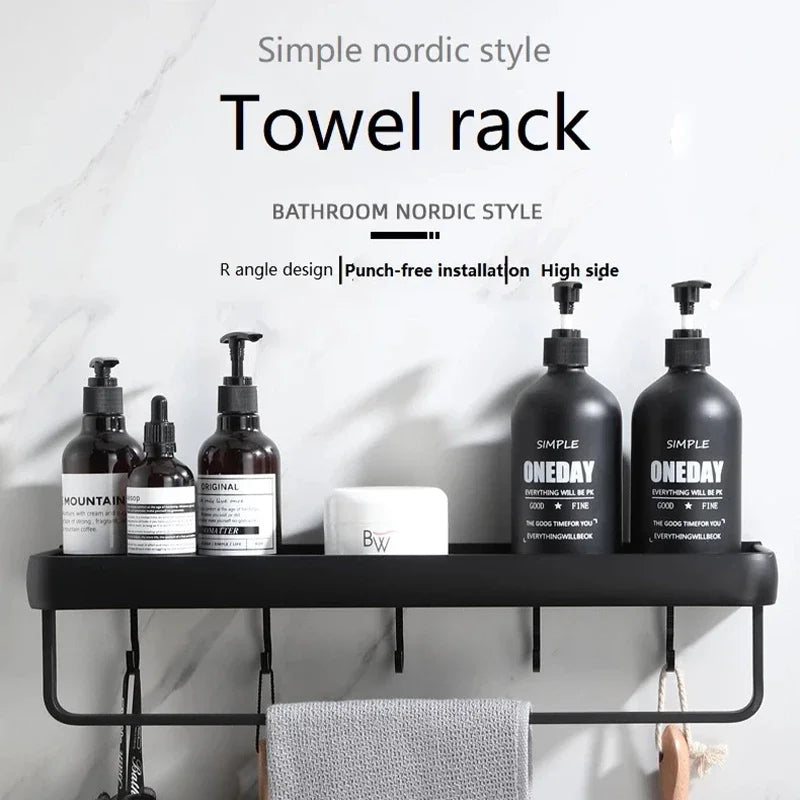 étagère salle bain double niveau murale alliage aluminium noir lisse moderne serviettes pots crèmes