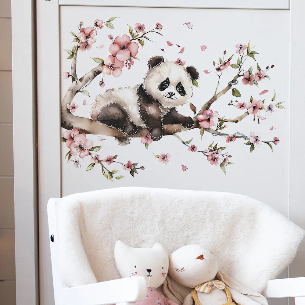 sticker mural panda fleurs illustration auto adhésif résistant eau chambre enfant décoration maison