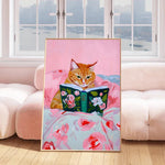 tableau peinture l'huile chat rose livre fleurs couverture couleurs classiques salon décoration