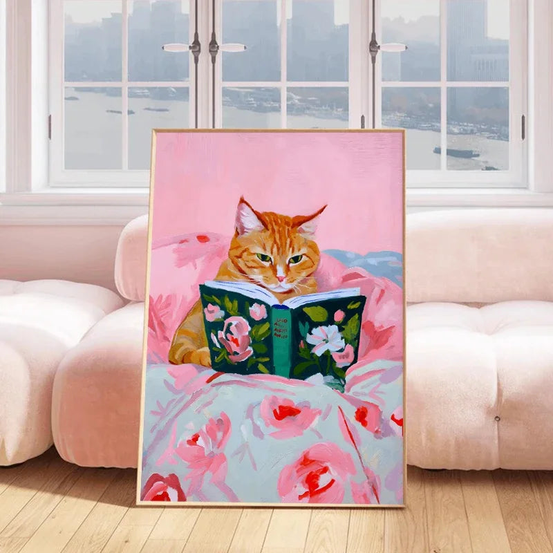 tableau peinture l'huile chat rose livre fleurs couverture couleurs classiques salon décoration