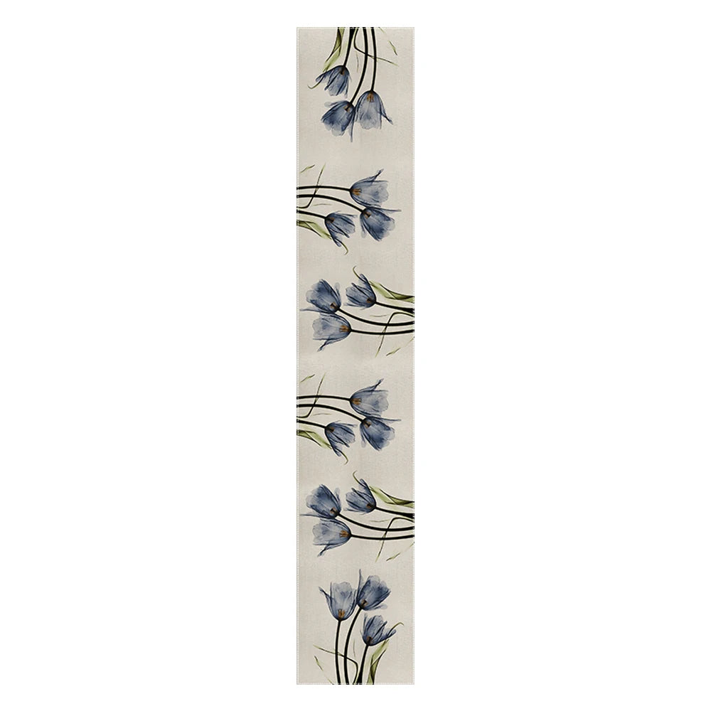 chambre coucher salon chemin table lin floral tulipes aquarelle beige bleu vert orange deco