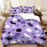 housse couette impression 3d halloween citrouilles chats noirs drap plat violet noir blanc