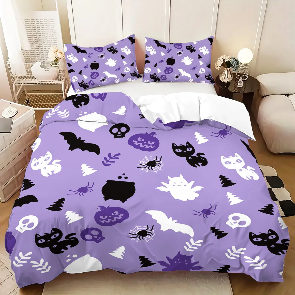 housse couette impression 3d halloween citrouilles chats noirs drap plat violet noir blanc