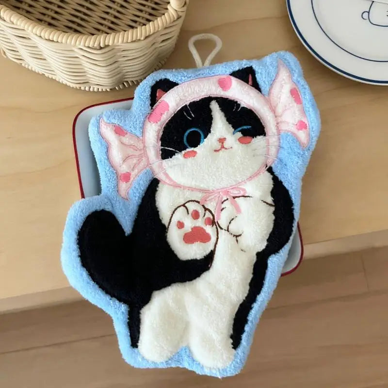 serviette toilette noire blanche bleue chat mignon coiffures différentes anneaux métal absorbante salle bain