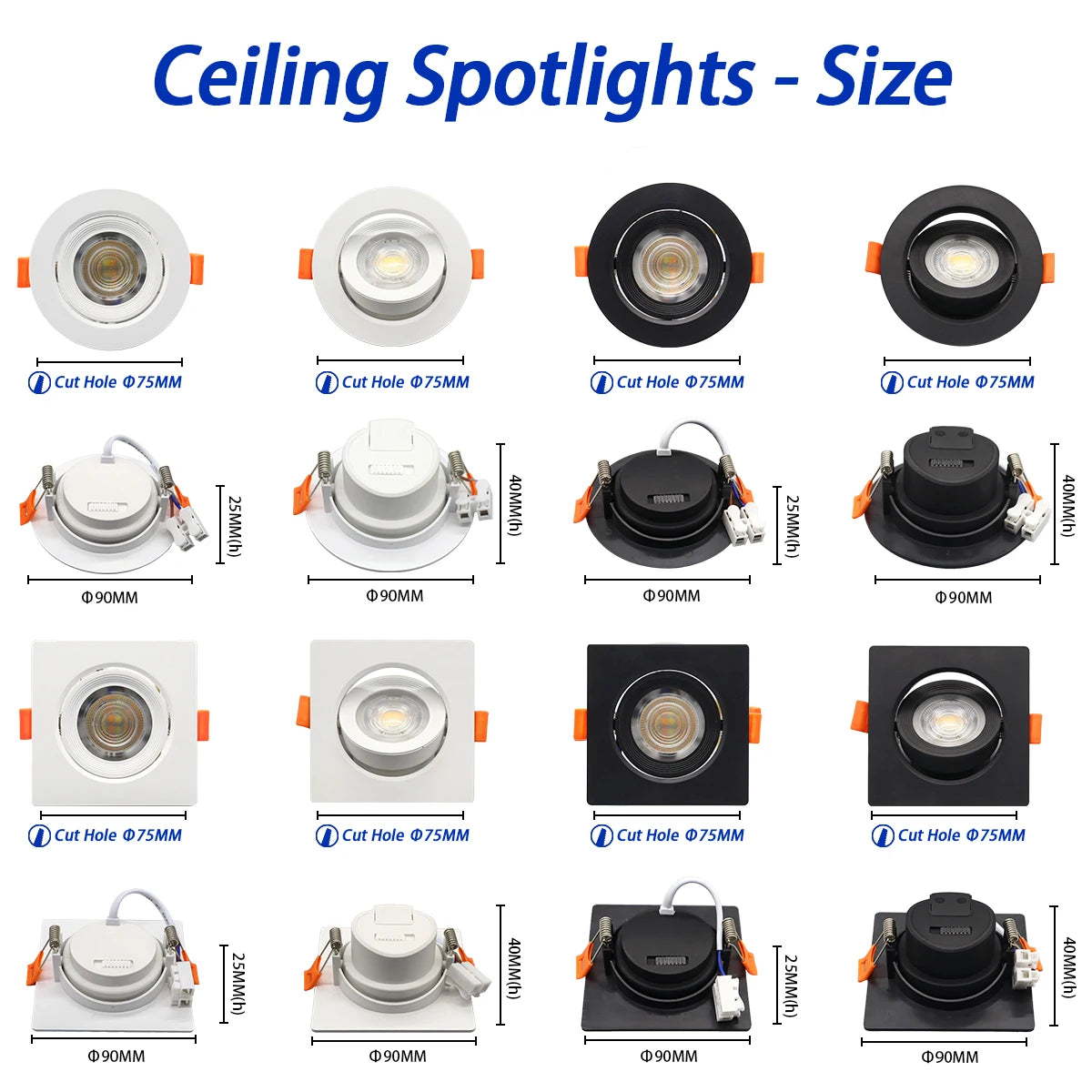 Spot LED Blanc Noir 75mm 90mm 120° 38° 90° interrupteur CCT moderne