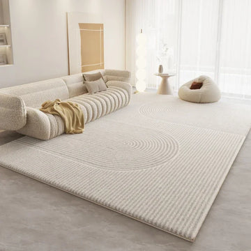 tapis beige clair moderne minimaliste lignes concentriques antidérapant lavable salon chambre décoration maison japandi