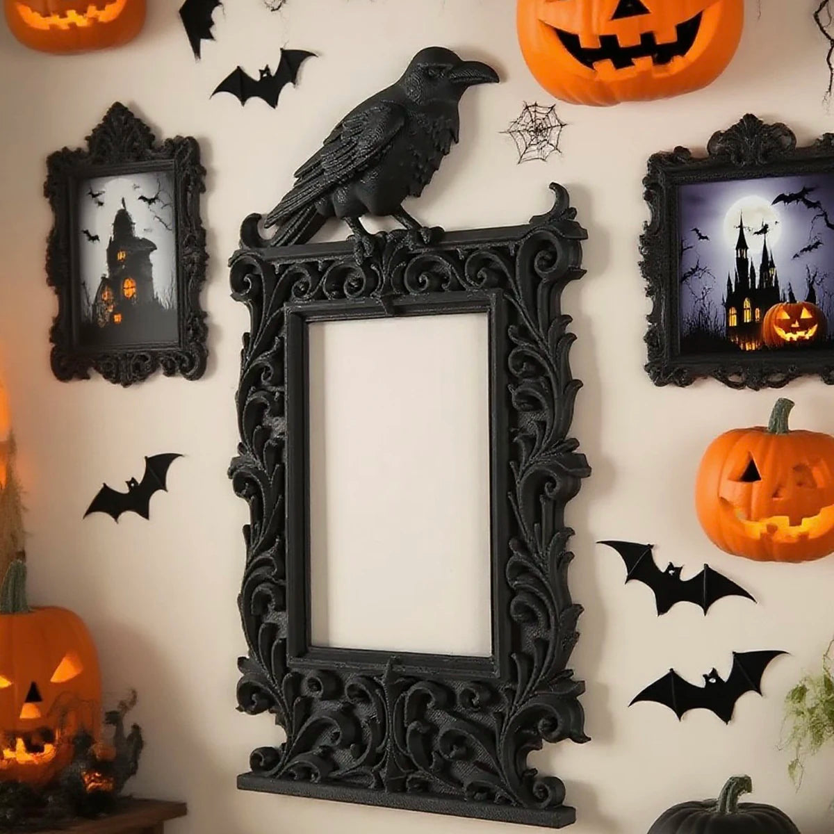 cadre decoration murale halloween corbeau citrouille plumes chauves souris gothique victorien