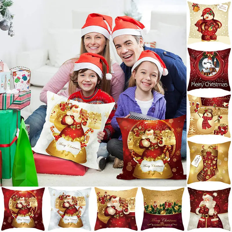 housse coussin noël père noel bonhomme neige boules sapin rouge blanc doré traditionnel fixe
