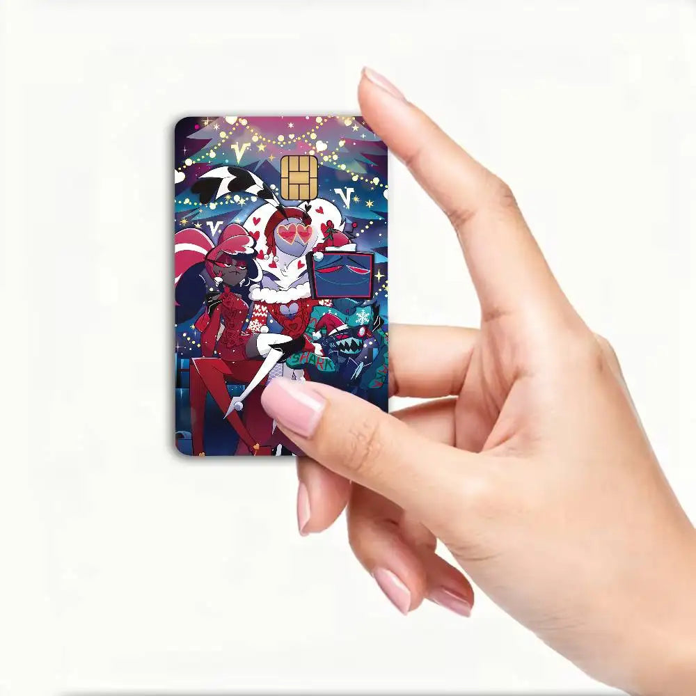 autocollant carte bancaire hazbin personnages dessin animé bleu violet rouge pop art