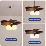 ventilateur suspendu moderne marron clair lames bois sphères translucides minimaliste