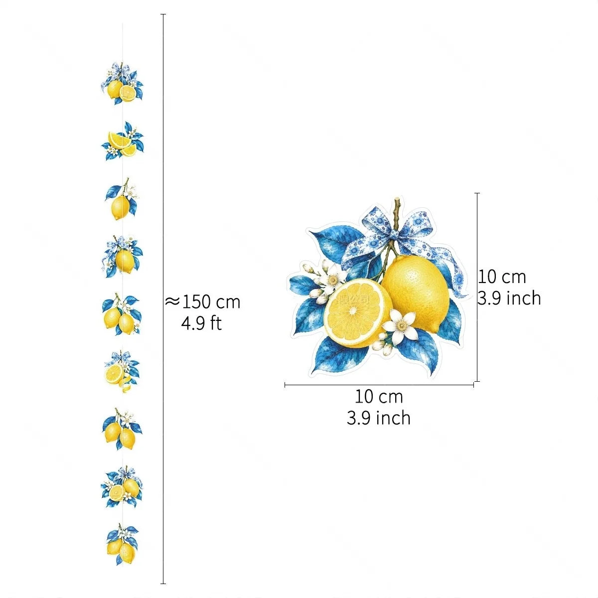 rideau blanc jaune bleu motif citron feuilles adhésif décoration anniversaire fête vintage