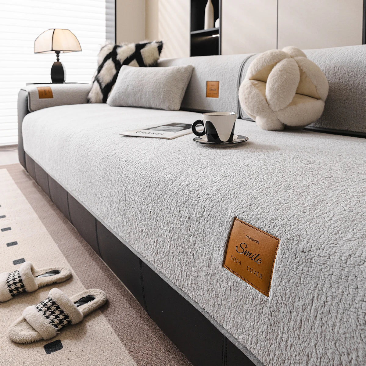 housse canapé moderne tissu doux uni salon gris beige grande taille