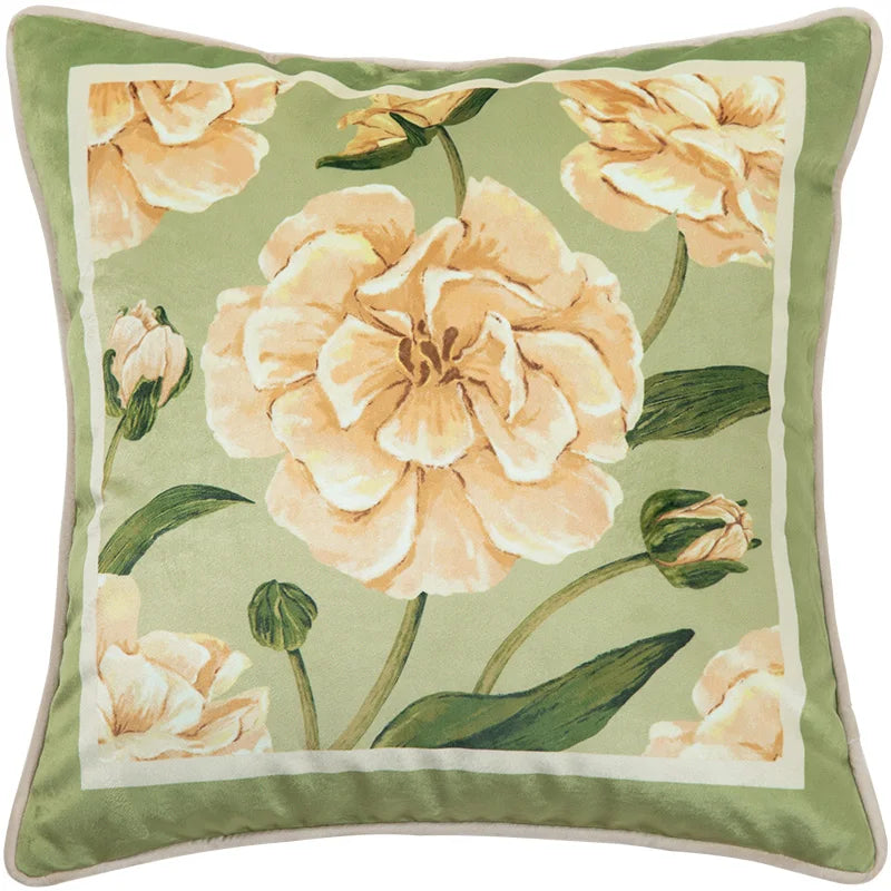coussin carré velours fleuri vert clair vintage 45x45cm 55x55cm décoration maison lit sofa farmhouse
