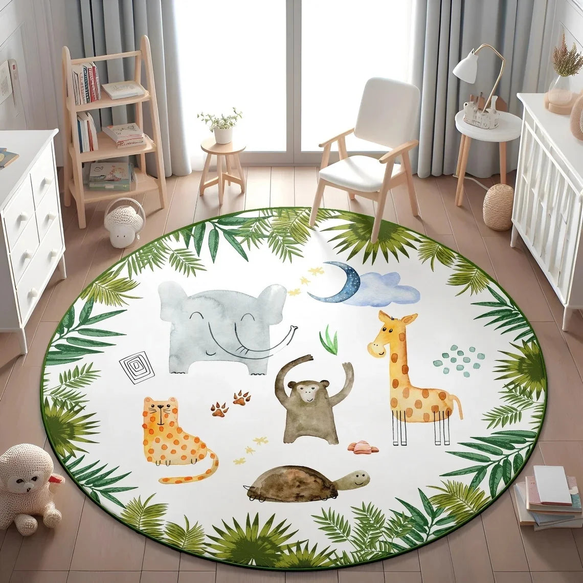 tapis rond polyester antidérapant motif animaux jungle enfant moderne 120x120cm