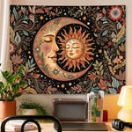 tapisserie murale florale soleil lune étoiles noir rouge verte chambre salon decoration boheme céleste