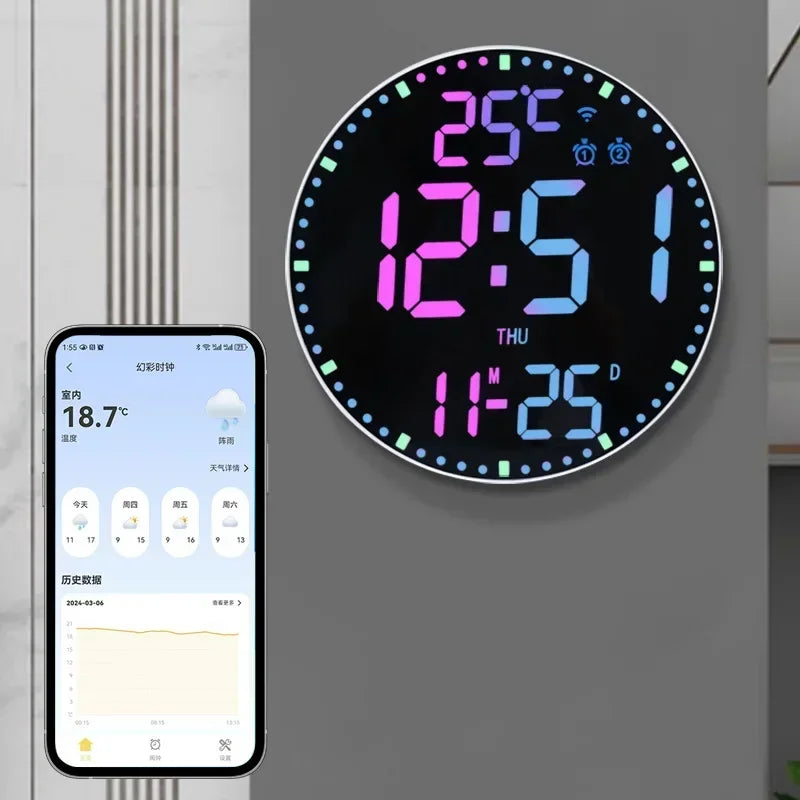 Horloge intelligente circulaire en blanc avec affichage LED coloré