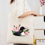sac main toile beige clair oiseau fleurs roses poignées réutilisable écologique tridimensionnel