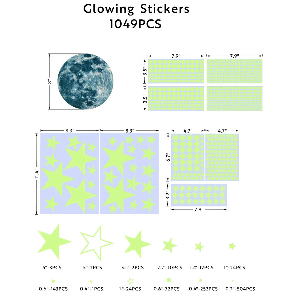 sticker mural lumineux lune étoiles moderne décoration chambre bleu vert rouge