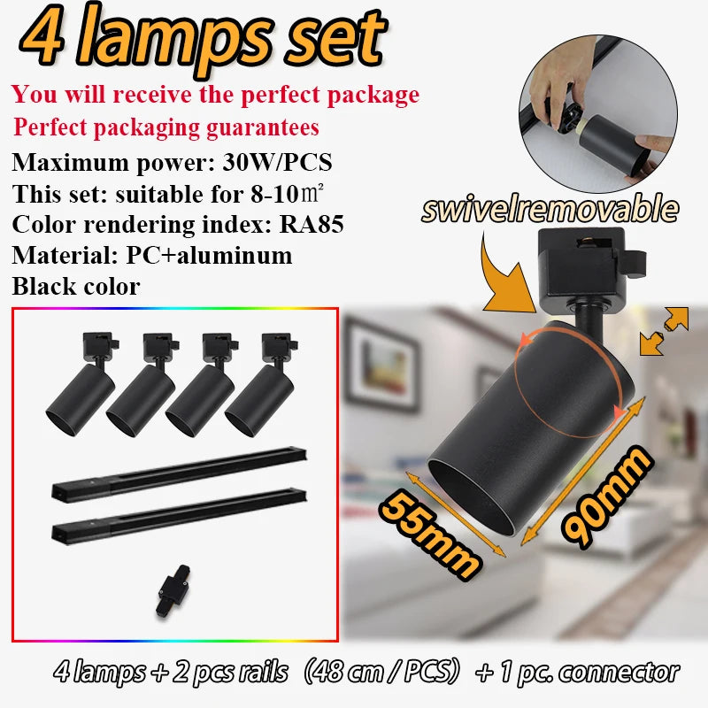 spots noir modernes gu10 12pcs fixés 55x90mm variable intensity