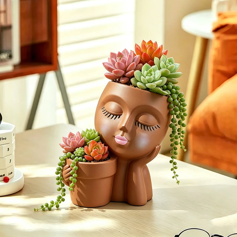 cache pot visage stylisé marron beige plante succulente moderne créatifintérieur décoration pot fleur unique