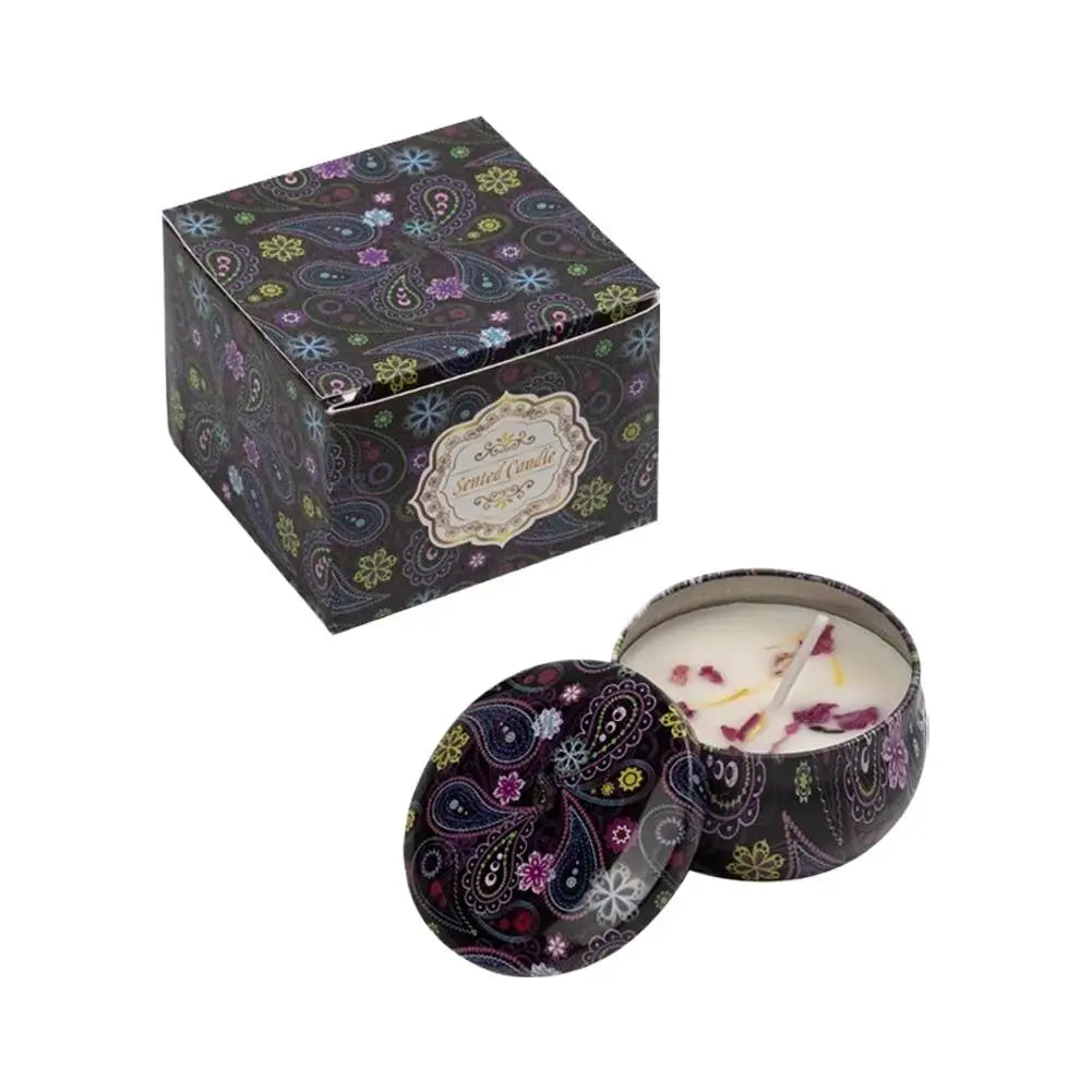 bougies parfumées fleurs séchées rouge rose bleu motifs floraux boho chic boîte présentation texture