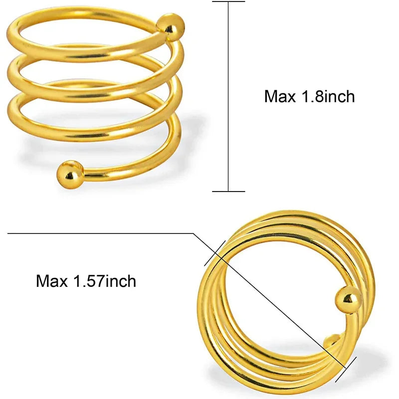 Bague en spirale dorée brillante avec des dimensions maximales de 1,8 pouces de diamètre et de 1,57 pouces de largeur.