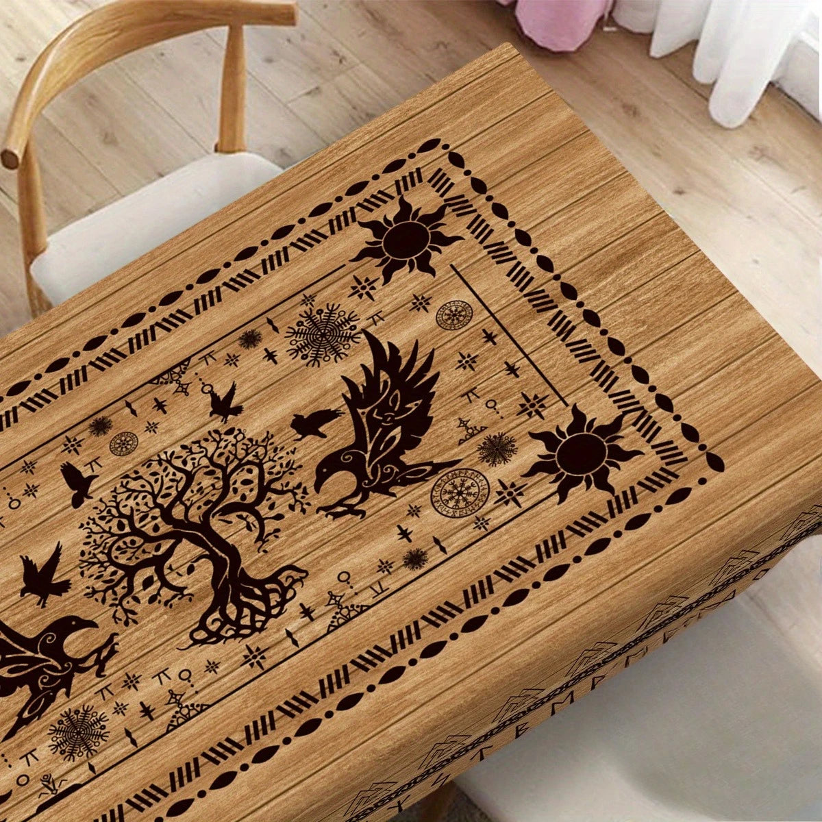 nappe viking arbre vie oiseaux runes beige noire moderne rectangle polyester réutilisable table cuisine
