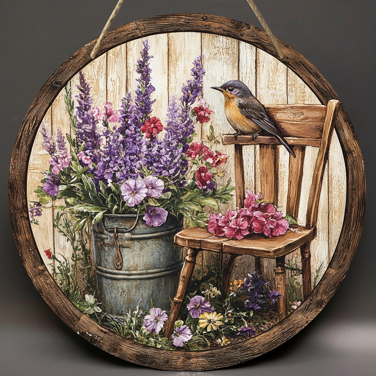 tableau mural rustique fleurs oiseaux chaise bois couleur naturelle classique décoration intérieure salon