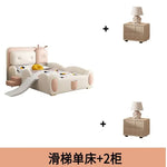 lit enfant toboggan simili cuir beige rose doux moderne tapis rond coussins