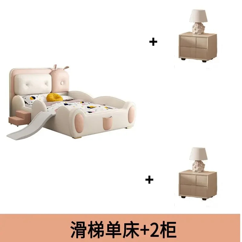 lit enfant toboggan simili cuir beige rose doux moderne tapis rond coussins