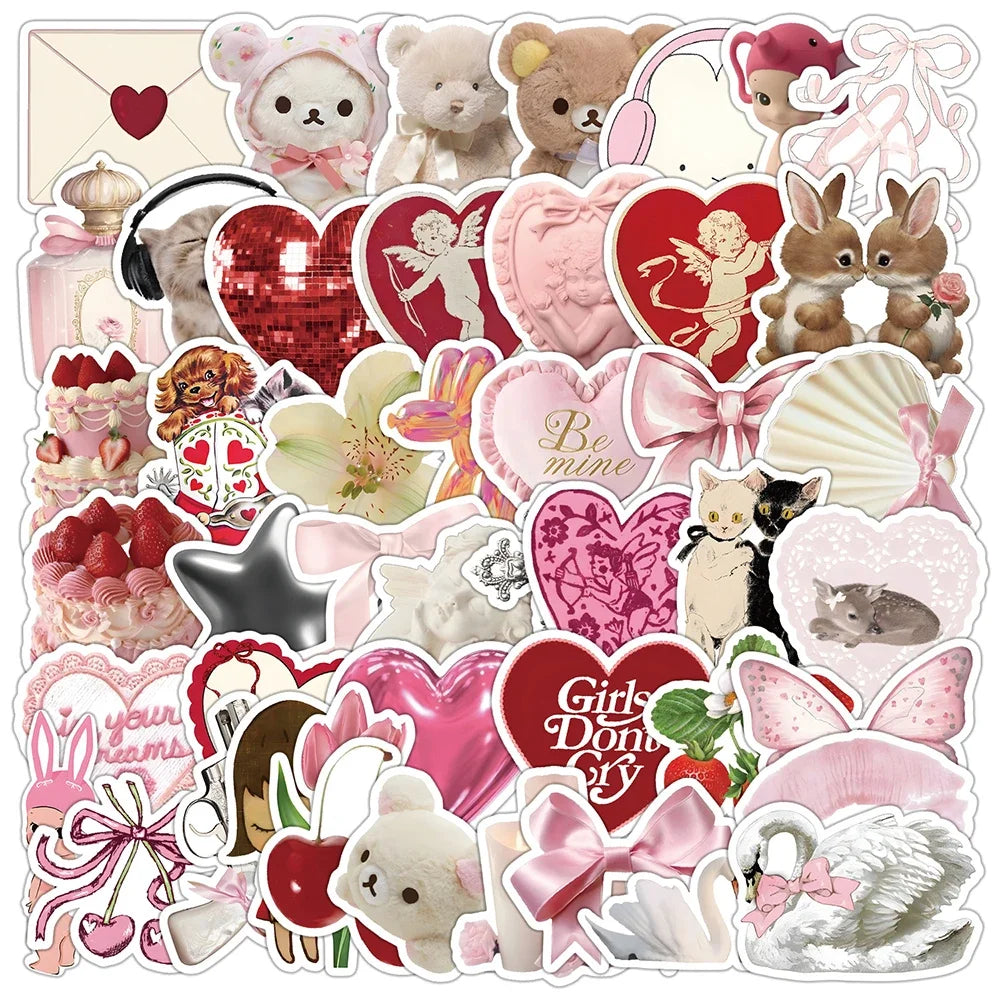sticker adhésif rose coeurs ours fleurs lettres animaux décoratifs pack 50 pièces