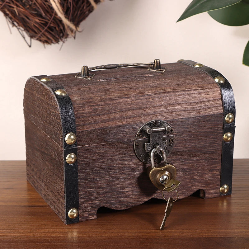 coffre bijoux marron foncé bois naturel finition brillante vintage rustique clé poignée métalliqueOpaque 10cm