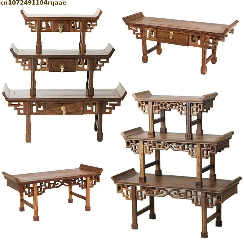 meuble bois chinois étagères sculptées pots fleurs figurine bouddha plante artificielle stand thé