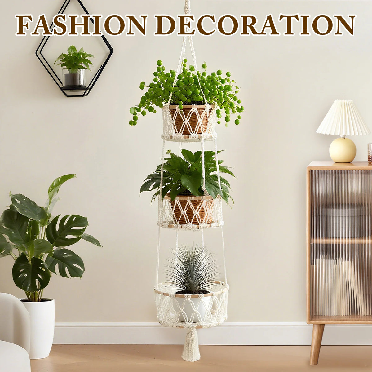 panier suspendu trois niveaux tressé bohème oranges poires plantes vertes livres jouets decoration cuisine