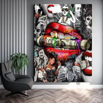impression toile art urbain pop art street lèvres rouges crânes graffiti mur décoration chambre