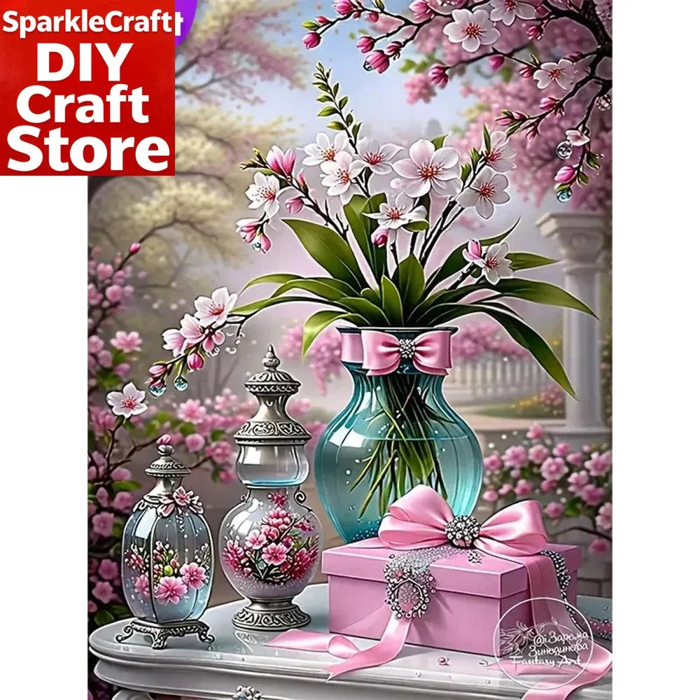 broderie diamant bouquet fleurs cerisier vases transparents motifs floraux diy rose blanc vert turquoise