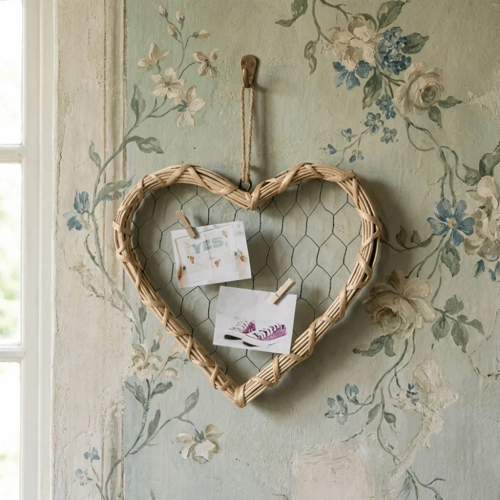 cadre mural tressé rustique boho chic forme cœur naturel clips ruban noir