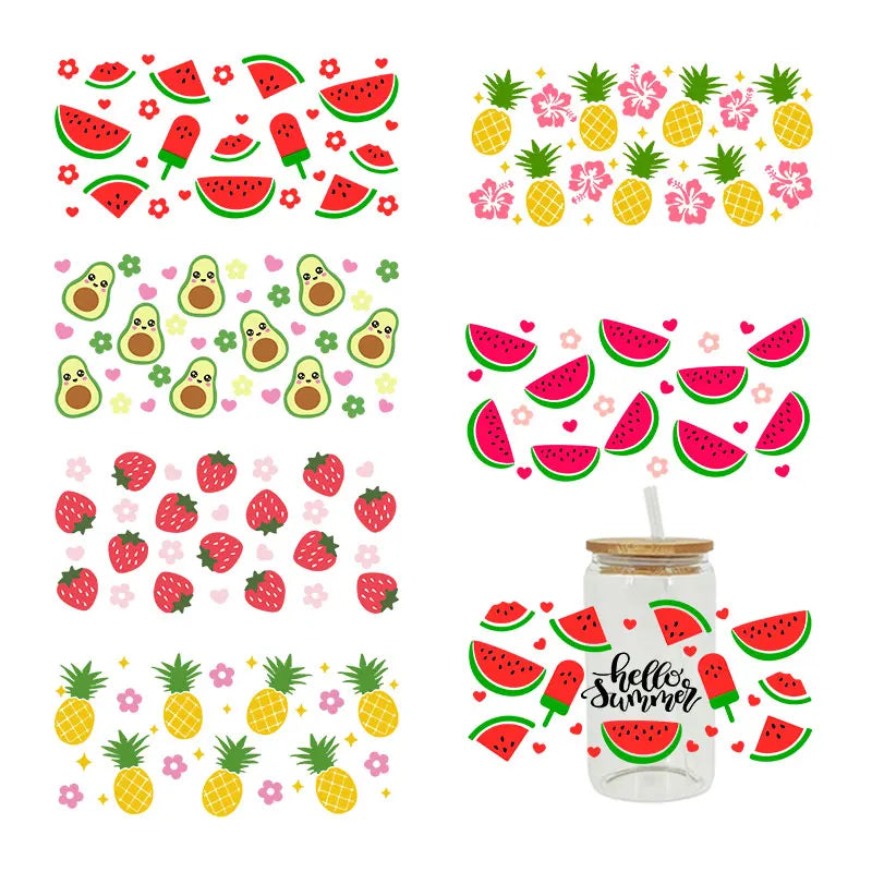 autocollants décoration diy fruits fleurs transparent tropical bouteille verre couvercle paille
