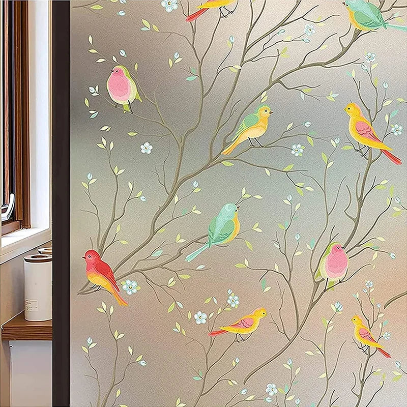 film décoratif fenêtre oiseaux gris branches fleurs moderne protection uv isolation thermique
