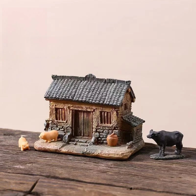 miniatures maison rustique résine animaux cochon buffle pot plant toit pierreux imitation bois.texture.rugueuse