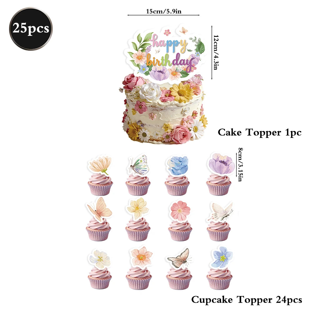 décoration fête anniversaire enfants guirlande happy birthday assiettes serviettes gâteau tasses bonbons floral papillons