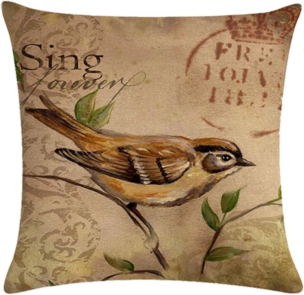 housse coussin polyester motif oiseaux feuilles vintage bleu blanc décorative chambre salon voiture