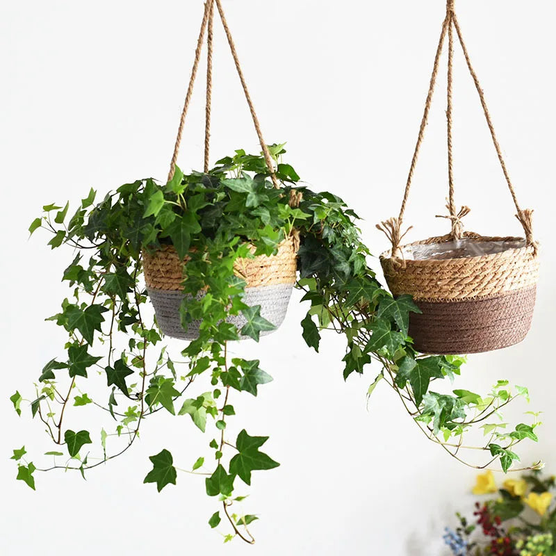 panier suspendu tissé fibres naturelles beige gris vert rustique boho chic cordelette plante verteintérieurextérieurDecorationMaison