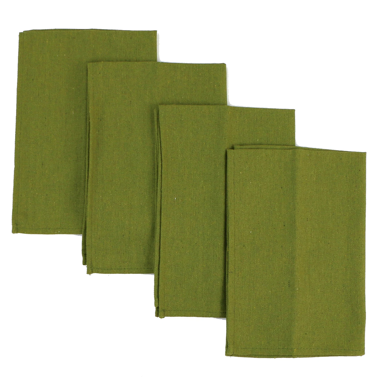 Ensemble de quatre carrés de tissu vert olive, parfaits pour la couture, les travaux manuels ou la décoration.