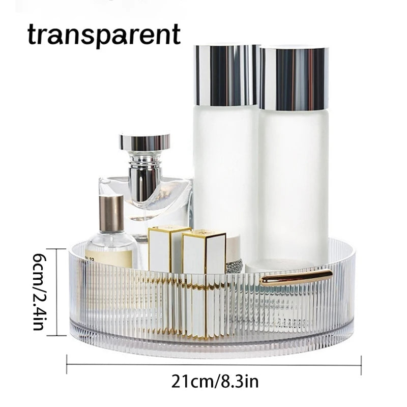 organisateur cosmétiques transparent moderne poignées dorées flacons lotion parfum crème nettoyant sérum baume moussant