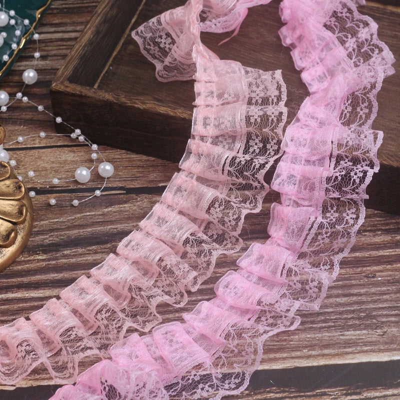 ruban dentelle fine rose clair rouge bleu clair vintage romantique fronces polyester 4.5cm