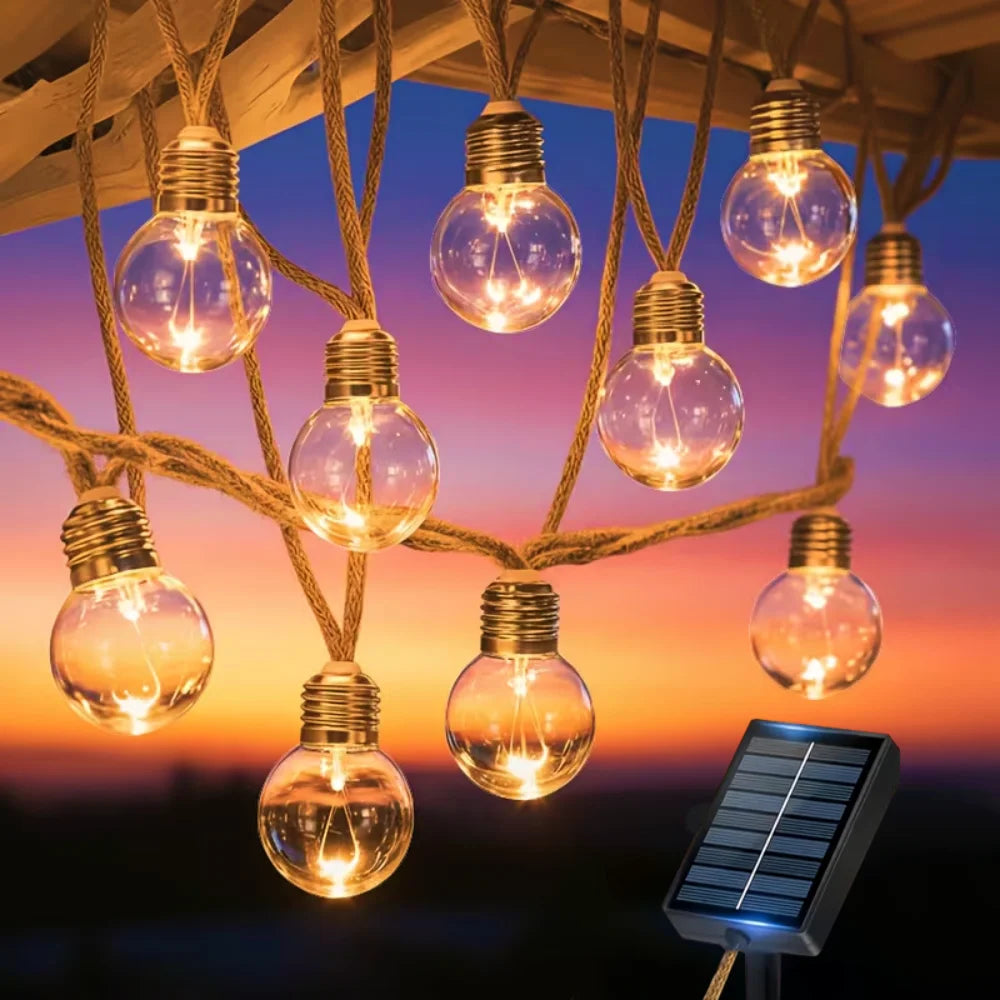 guirlande lumineuse solaire extérieure 20 ampoules led filament doré vintage transparent ip44 autonomie modes