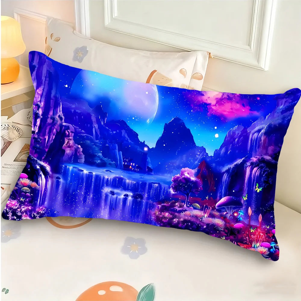 housse coussin rectangulaire impression polyester double face cascade paysage moderne bleu violet rose vert