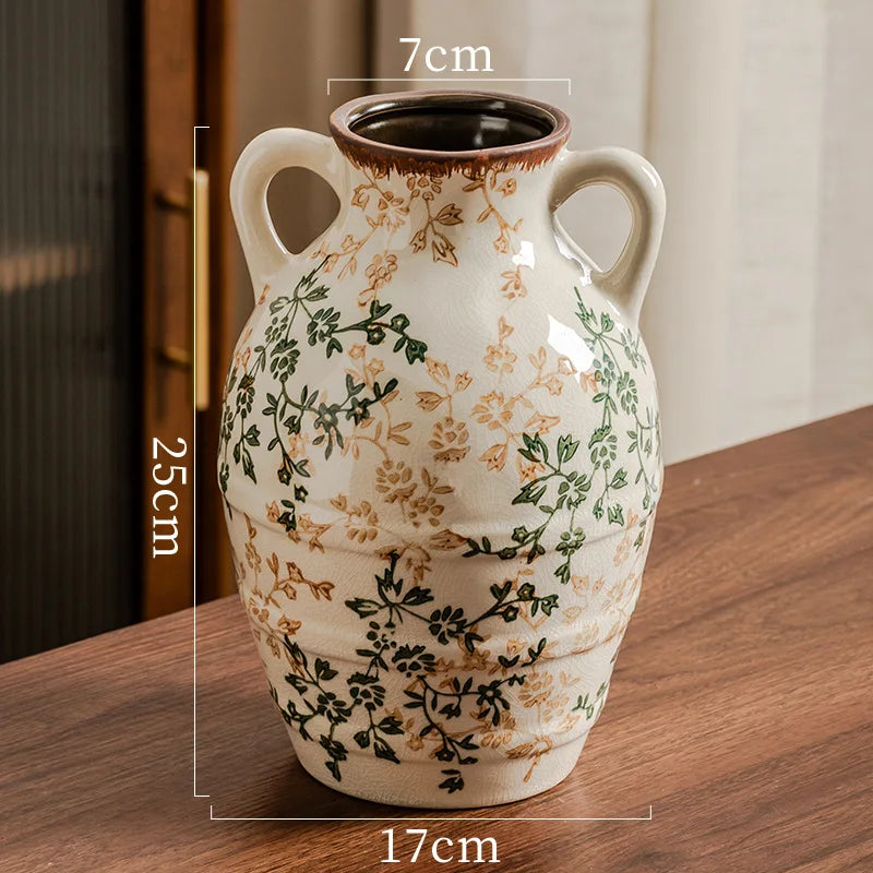 vases céramique vintage fleurs classiques blanc vert beige bruns intérieur salon bibliothèque