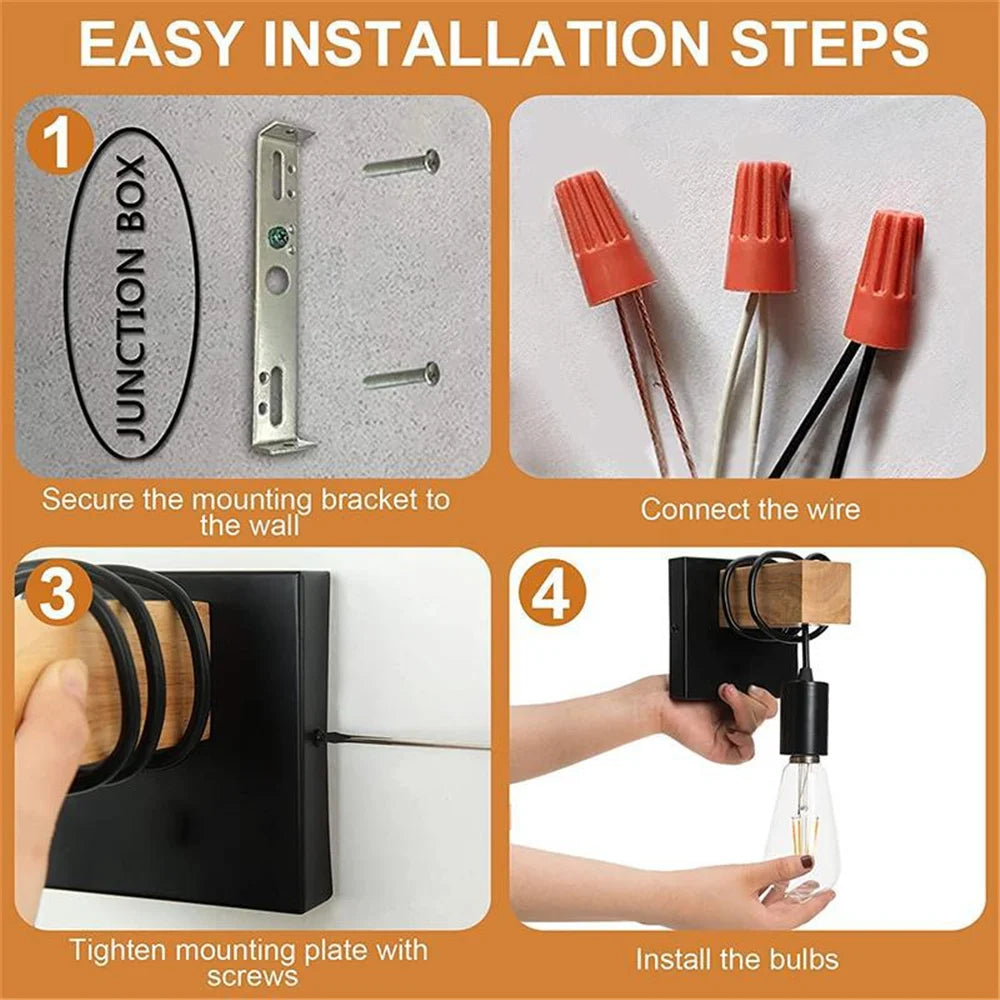 Détail de l'applique murale noire avec support en bois et structure métallique